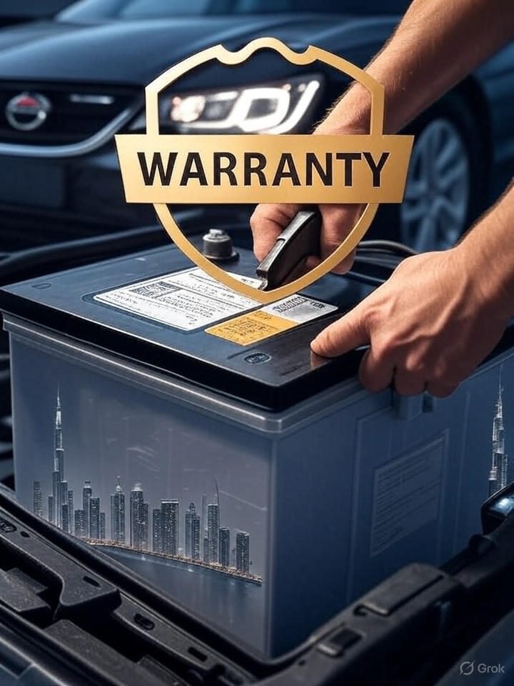 Close-up of a genuine car battery with warranty shield icon, installed by technician in Dubai.