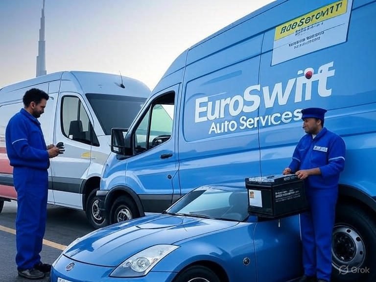 EuroSwift Auto Services technician performing on-site car battery replacement in Dubai for a Nissan 350Z, with genuine high-performance battery installation and Dubai skyline in the background.