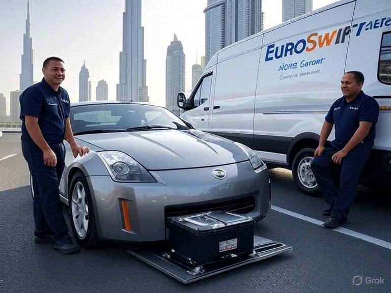 EuroSwift Auto Services technician providing fast and hassle-free car battery replacement in Dubai for a Nissan 350Z, with genuine high-performance battery installation and Dubai skyline in the background.