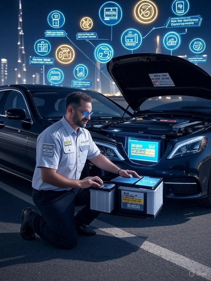 Certified mobile technician performing 24/7 car battery replacement in Dubai with genuine battery and warranty.