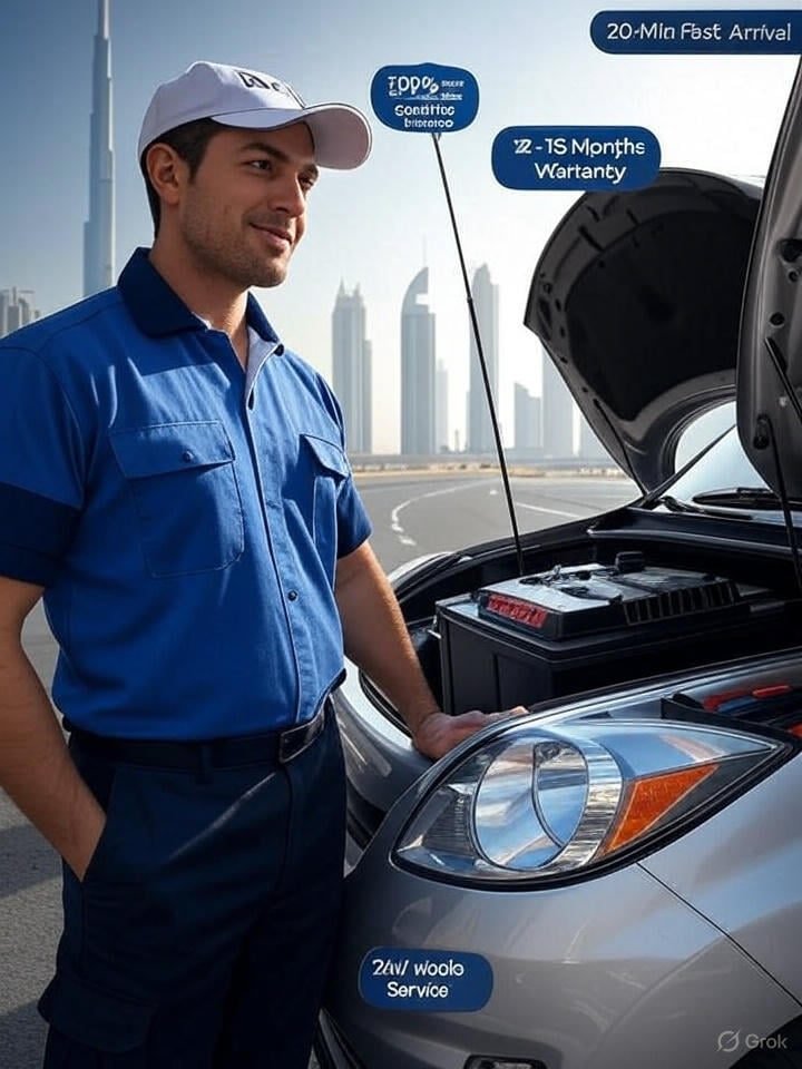EuroSwift Auto Services technician installing a genuine car battery with warranty and fast delivery in Dubai.