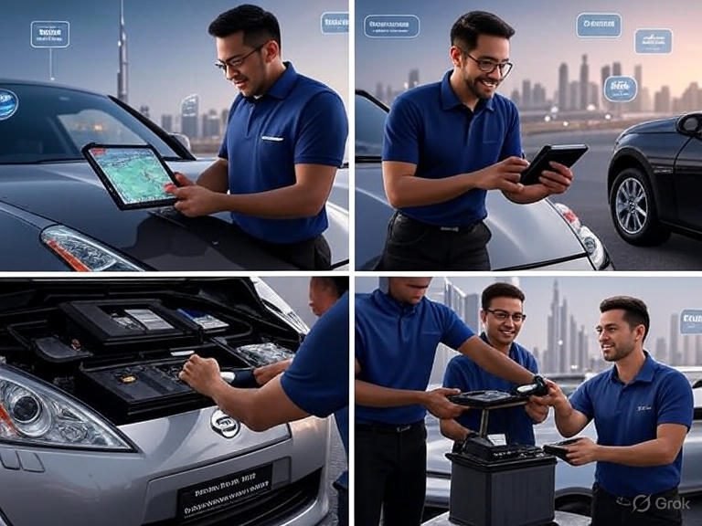 EuroSwift Auto Services certified technician performing step-by-step car battery replacement in Dubai with warranty.