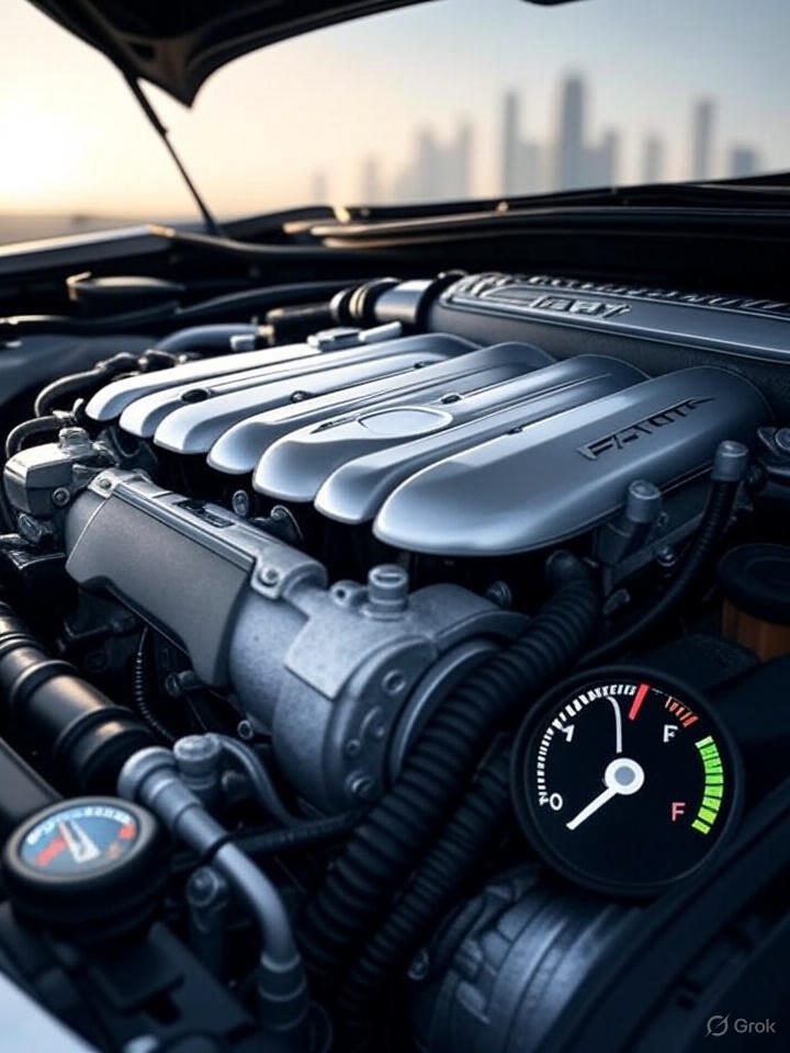 Nissan Patrol 2025 V8 engine performance with fuel economy infographic in Dubai