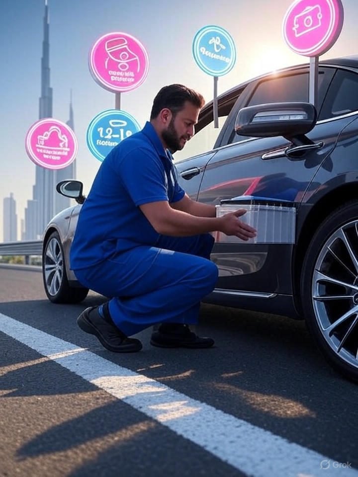 Certified mobile technician installing a genuine car battery with transparent and affordable pricing in Dubai.