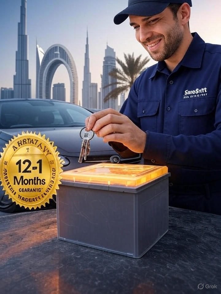 Technician showing a genuine car battery with warranty seal to customer in Dubai.