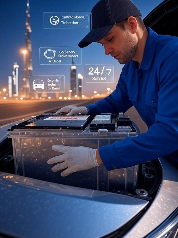 Professional EuroSwift Auto Services certified mobile technician installing a genuine car battery with 12β18 months warranty in Dubai. The image highlights certified mobile technicians, car battery replacement in Dubai, fast arrival, and genuine batteries with warranty, showing trust, professionalism, and reliability.