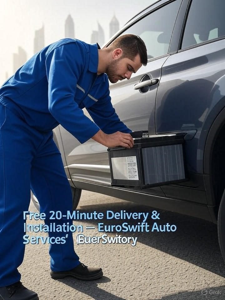 "EuroSwift Auto Services – trusted for fast car battery replacement in Dubai with free 20-min delivery & expert installation anywhere, anytime."