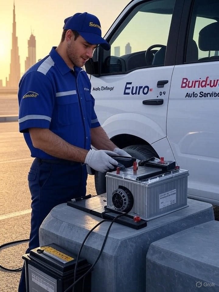 Technician performing a full system check during car battery change in Dubai with EuroSwift Auto Services.