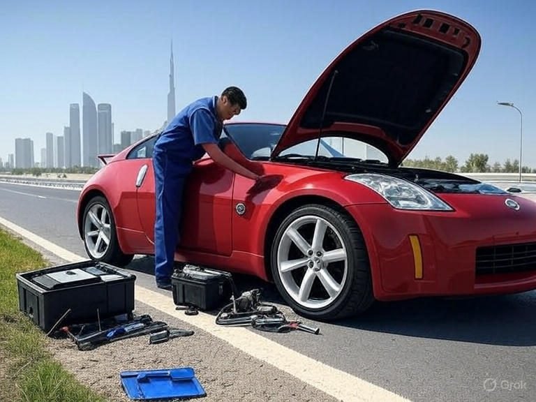 Professional mechanic replacing a Nissan 350Z car battery on Dubai roadside with Burj Khalifa in background.