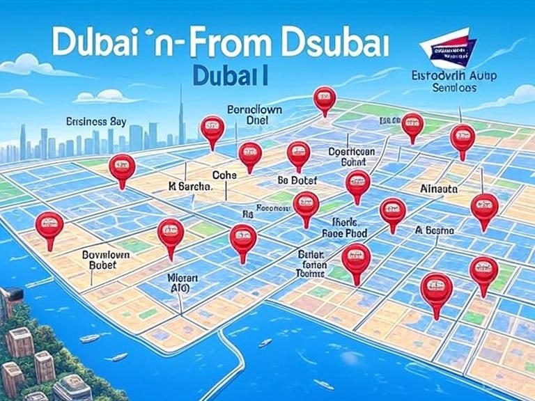 Dubai map highlighting service areas for Nissan 370Z car battery replacement.