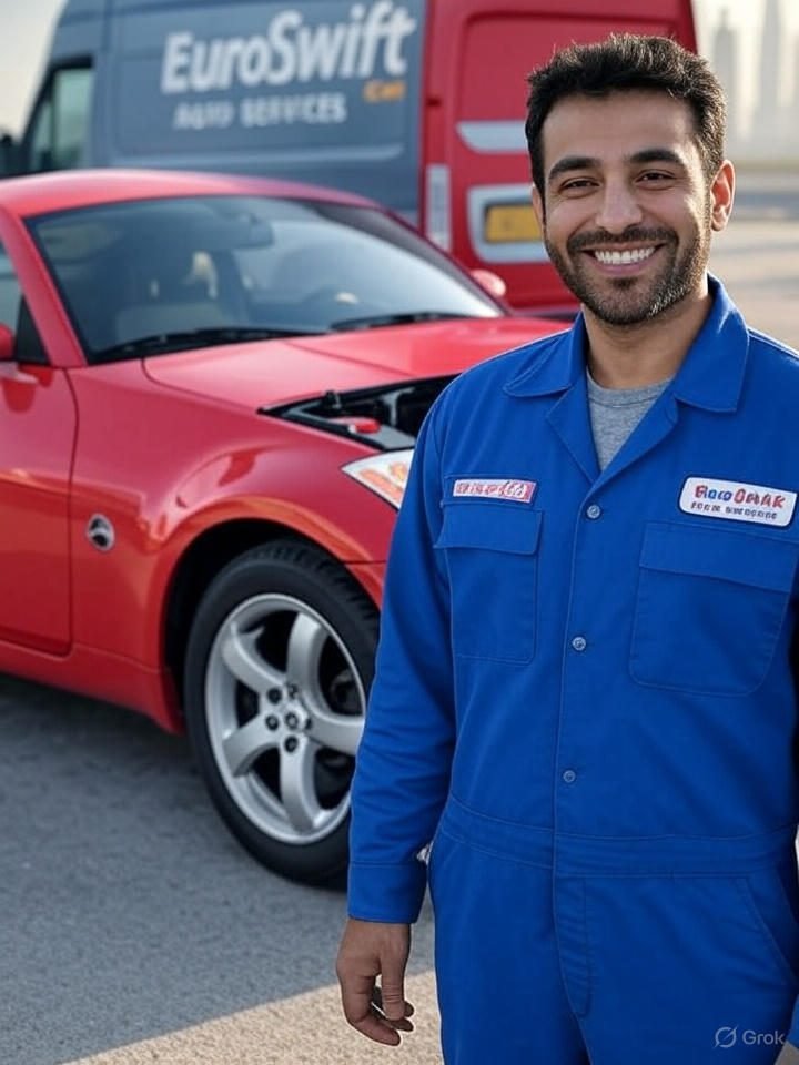 EuroSwift Auto Services mechanic replacing a Nissan 350Z car battery in Dubai with professional tools.