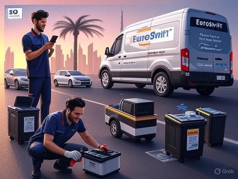 How EuroSwift mobile car battery replacement in Dubai works β fast 20-min response, testing, installation, and warranty