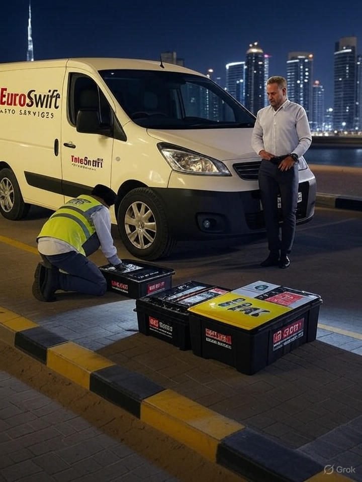 Technician from EuroSwift Auto Services providing battery replacement near me with Dubai-wide coverage.