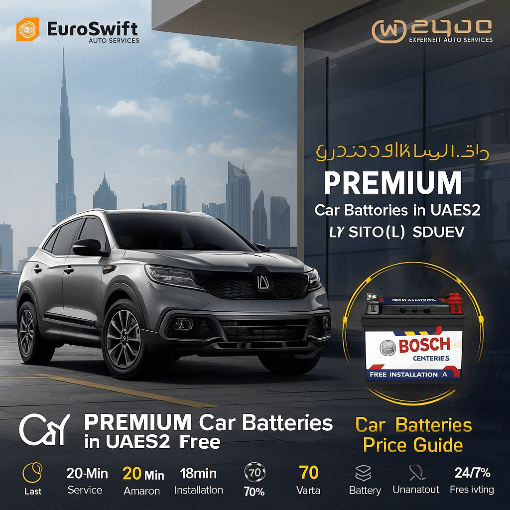 A modern SUV parked with a Bosch car battery display by EuroSwift Auto Services offering premium car batteries in UAE.