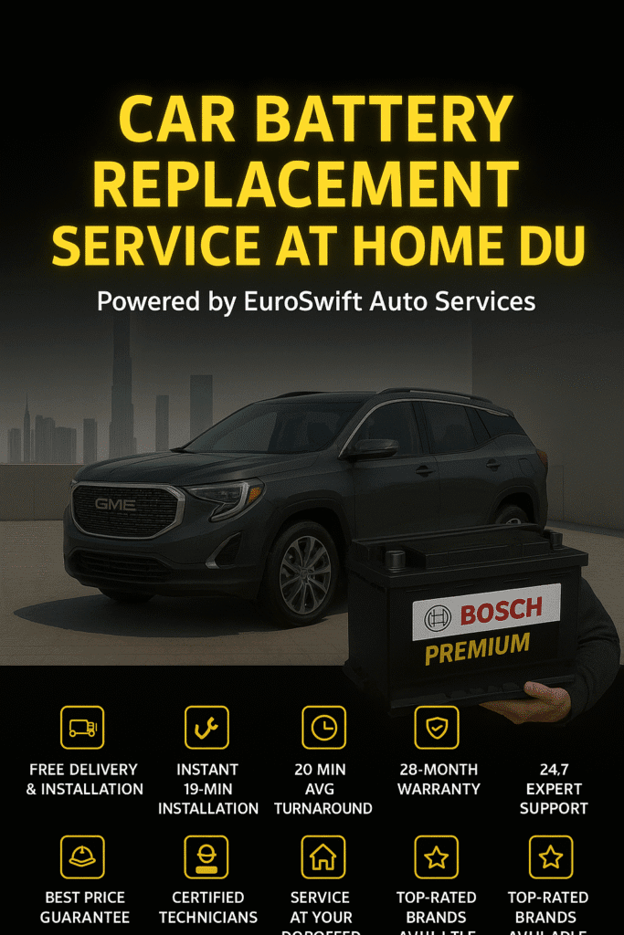 “Mobile car battery replacement van ready for quick home assistance in Dubai.”