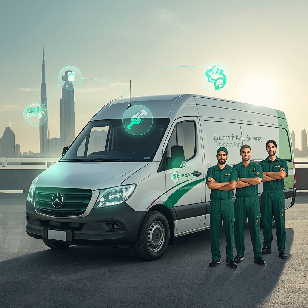 “EuroSwift Auto Services technician providing car battery replacement at home in Dubai with free 20-minute delivery and installation”