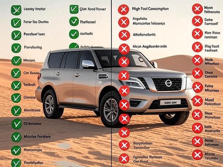 Pros and cons of Nissan Patrol 2025 SUV in Dubai with infographic design