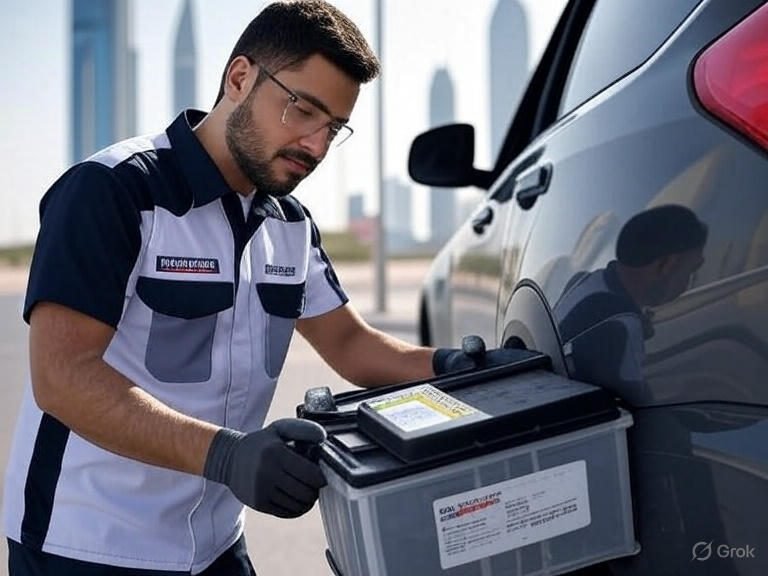 Trusted car battery experts in Dubai performing on-site battery replacement.