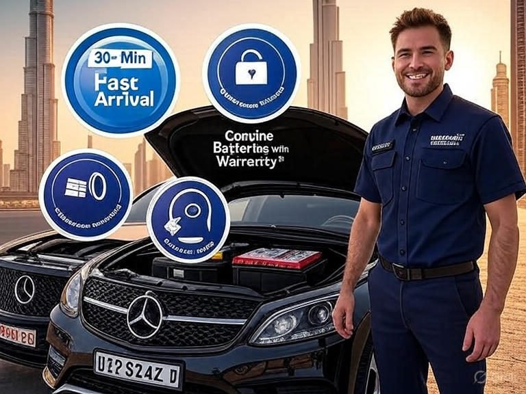 EuroSwift Auto Services certified mobile technician installing a genuine car battery with warranty in Dubai.