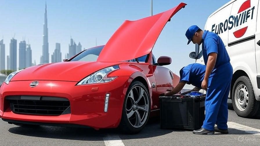 Mechanic from EuroSwift Auto Services replacing a Nissan 370Z car battery in Dubai with skyline background.