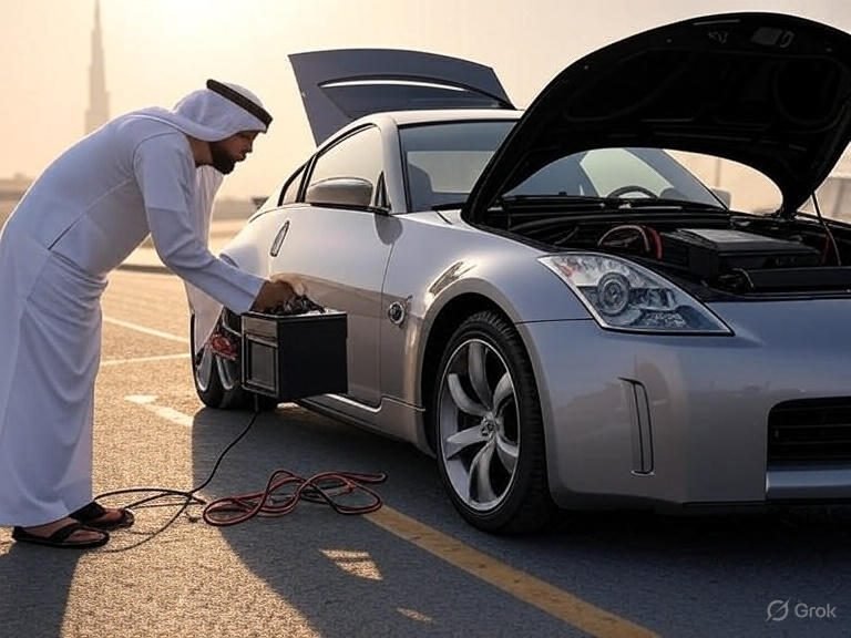 Mechanic testing a weak Nissan 350Z car battery under Dubaiβs hot weather conditions.