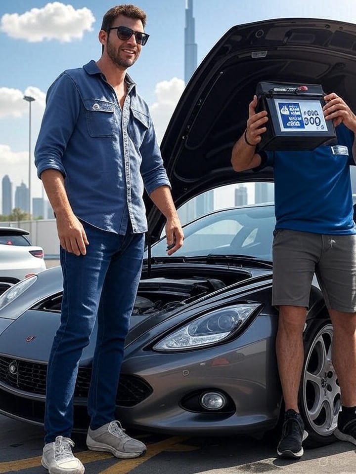 “Understanding car battery price in Dubai – mechanic showing battery options with different AED prices in hot weather”
