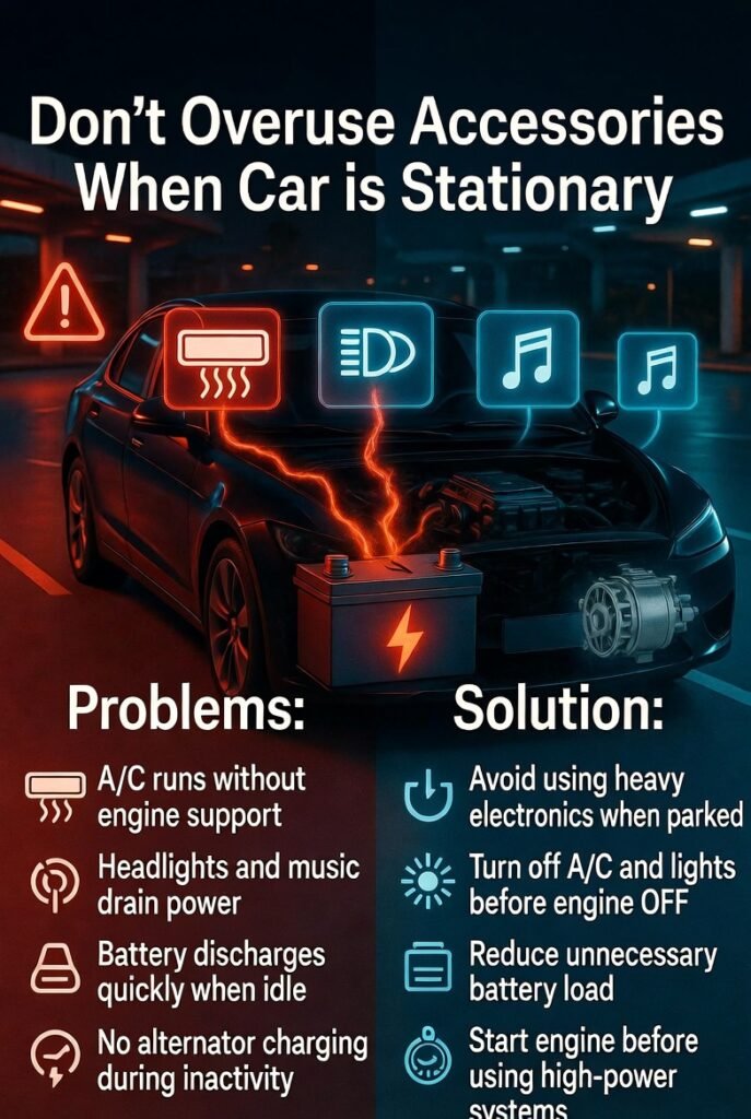 Infographic showing how using car accessories like AC, lights, and music while engine is off drains car battery and how to avoid it.