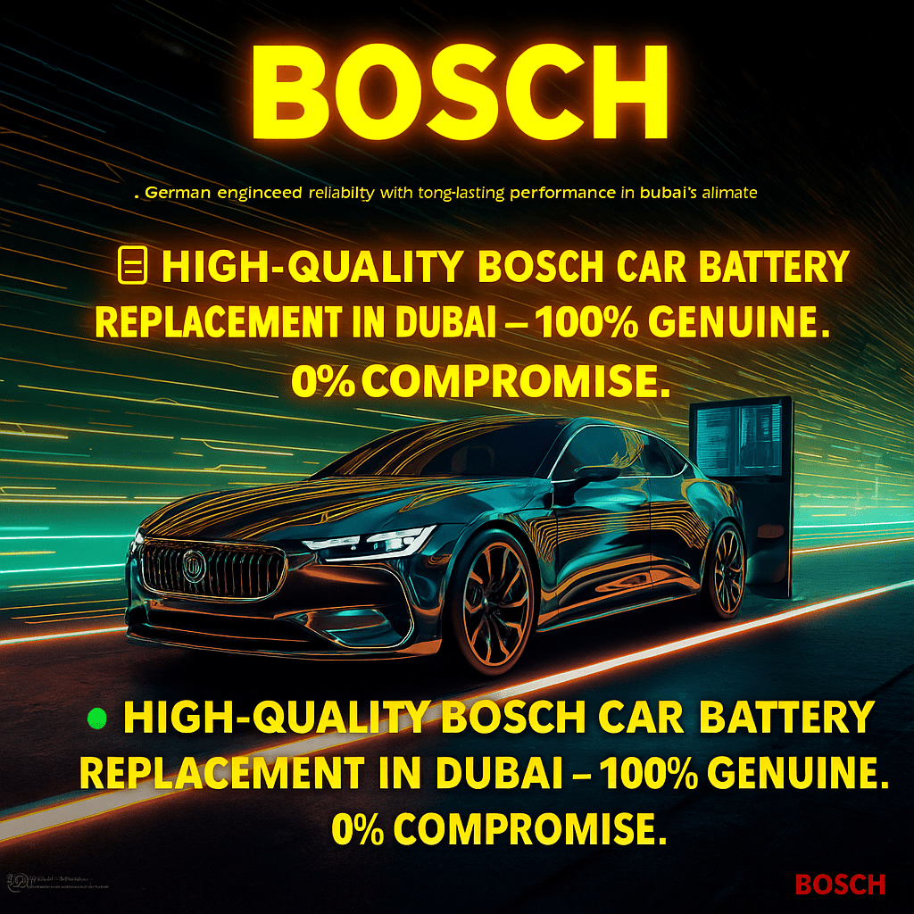 Bosch car battery replacement service in Dubai featuring a sleek electric car under glowing neon lights.