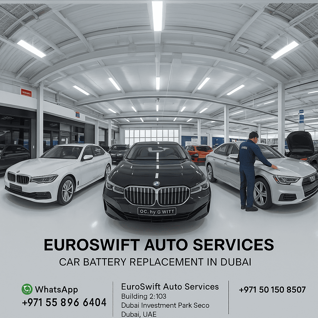 “EuroSwift Auto Services technician providing fast car battery replacement at home in Dubai with 20-minute delivery service.”