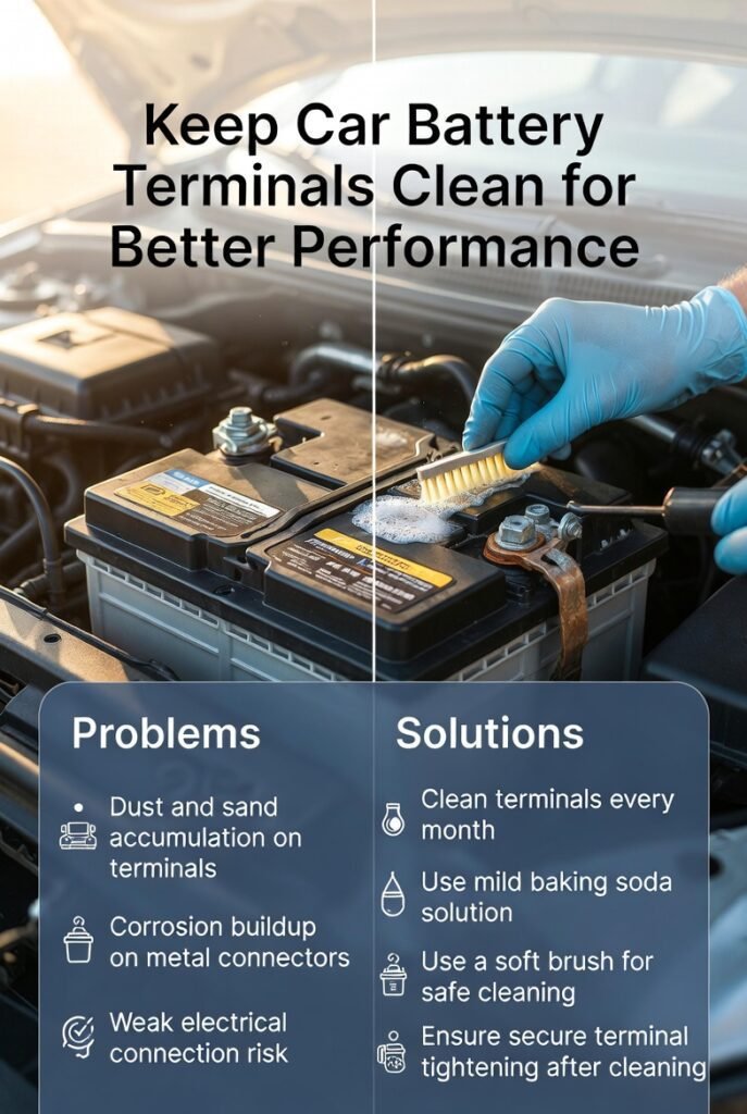 Infographic showing cleaning of car battery terminals with brush and solution, highlighting dust removal, corrosion cleaning, and maintenance tips.