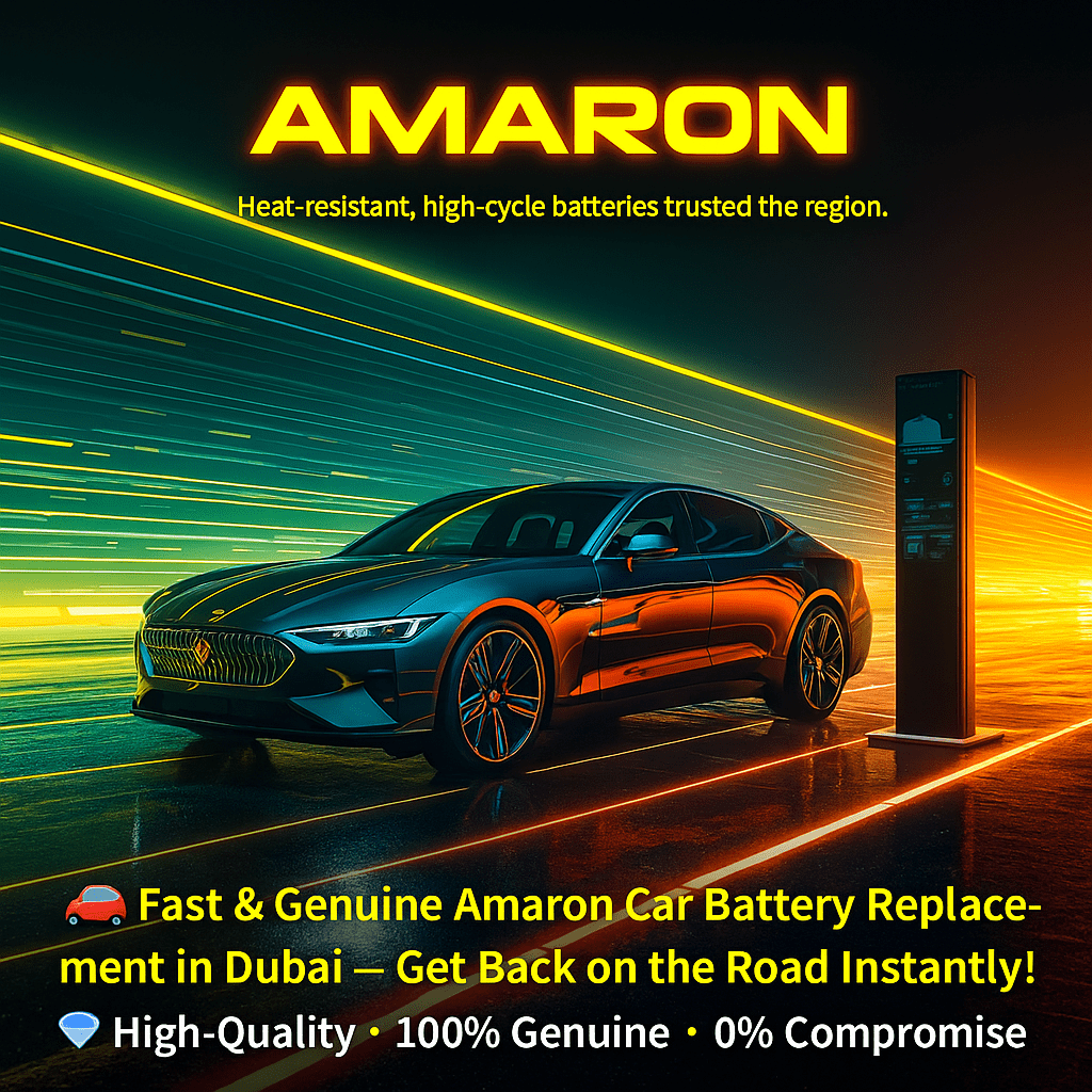 Amaron car battery replacement service in Dubai showing a luxury car charging under futuristic neon lights.