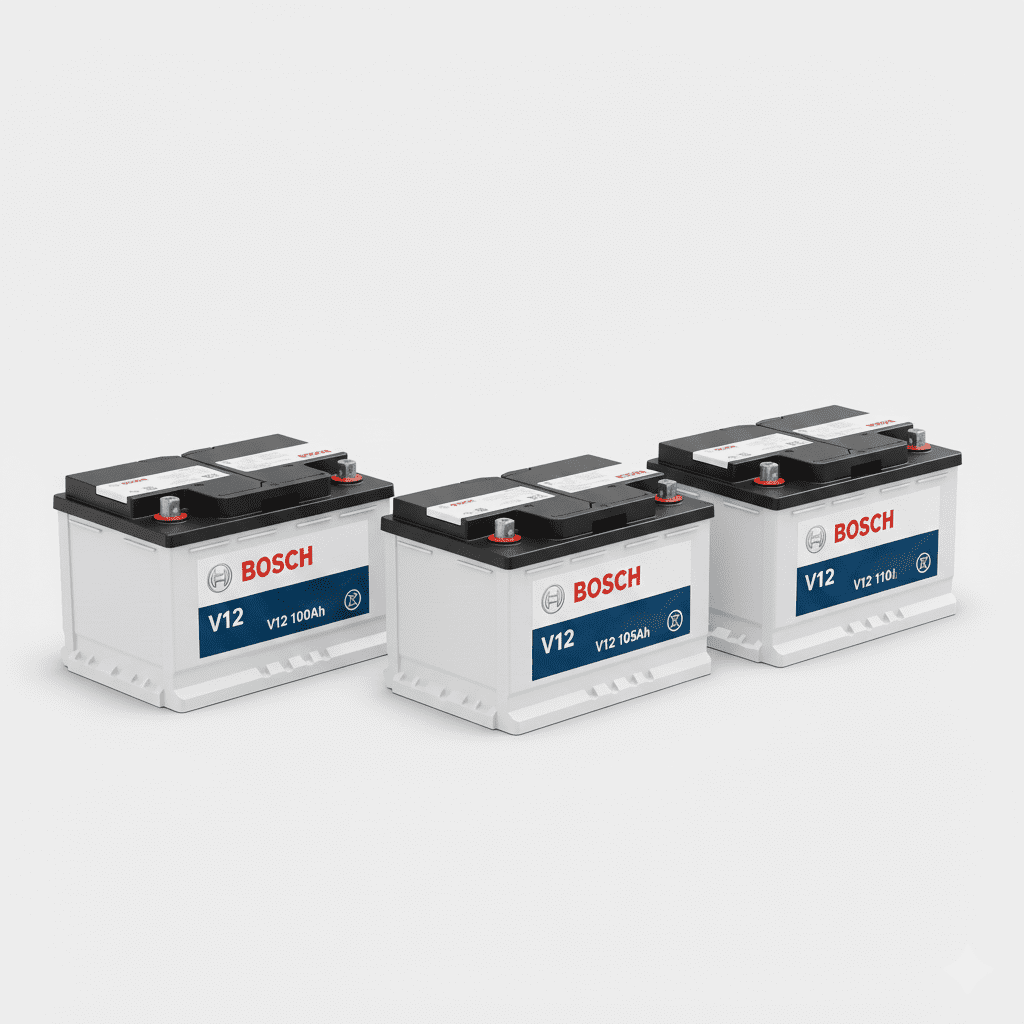 “Bosch V12 100Ah, 105Ah, and 110Ah car batteries front and top view – high-performance automotive batteries for cars and vehicles.”