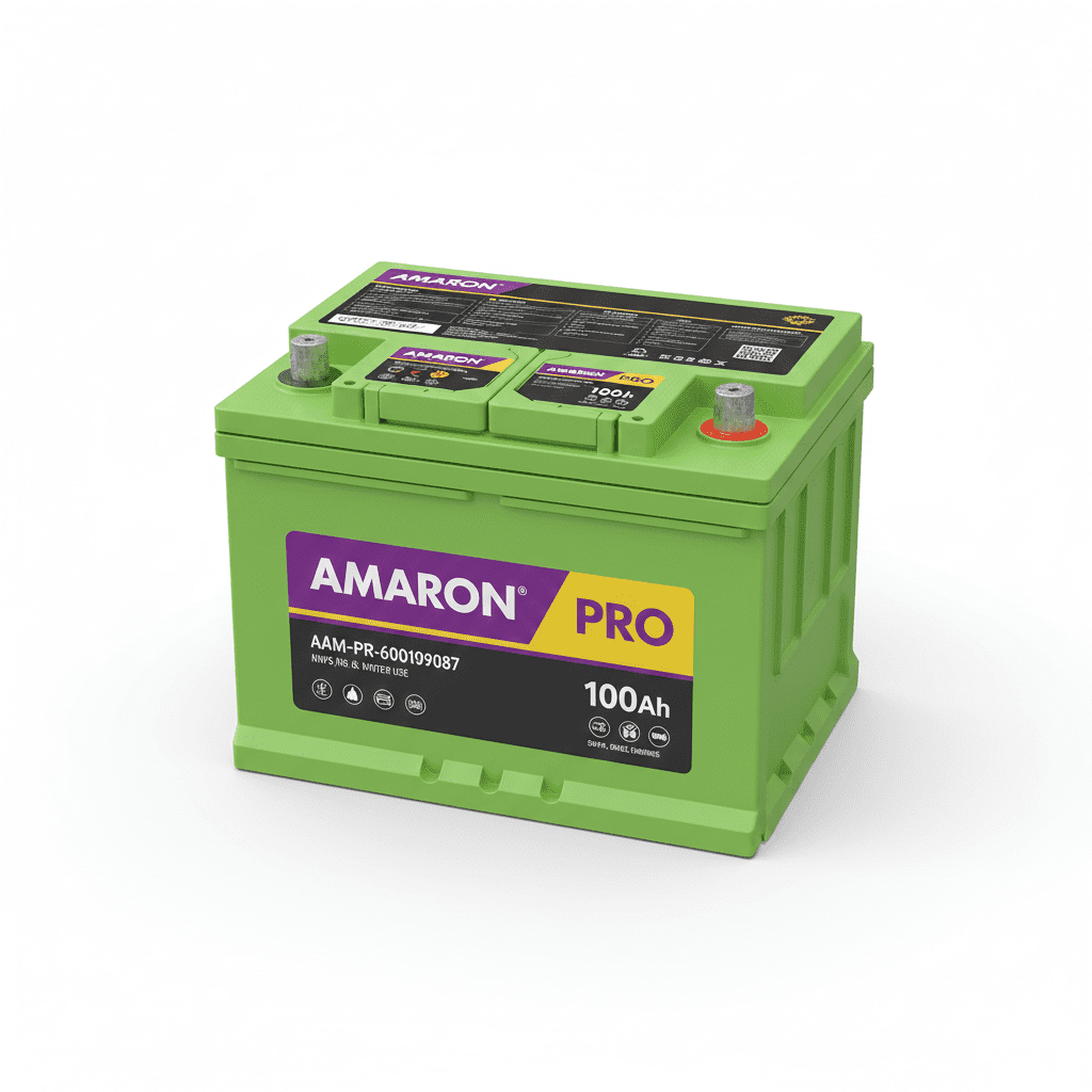 “Amaron Pro 100Ah AAM-PR-600109087 green automotive battery with visible specification labels.”