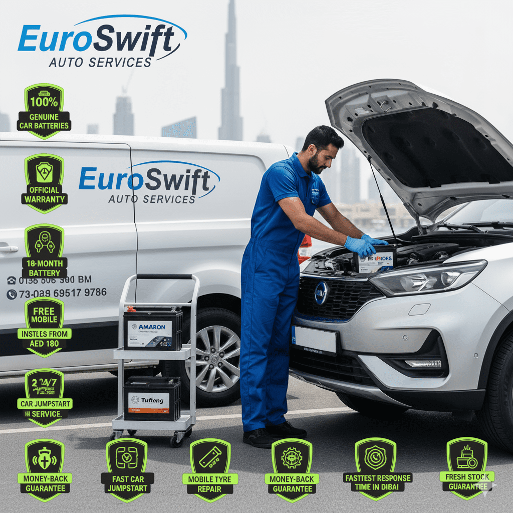 Why Dubai Drivers Choose EuroSwift Auto Services – Premium Car Battery Replacement Dubai EuroSwift Auto Services technician performing on-site car battery replacement in Dubai with genuine battery brands Amaron, Bosch, and Tuflong, showing warranty, 24/7 service, and fast response features.