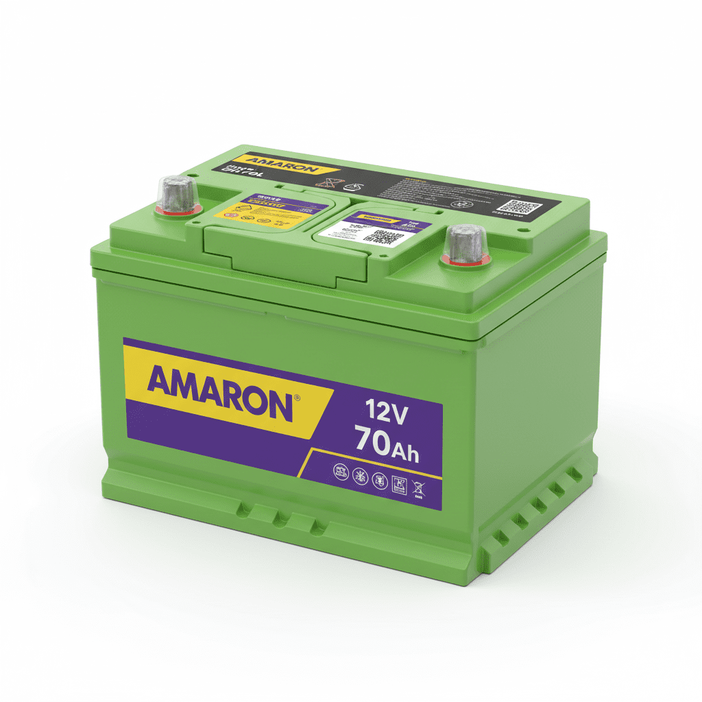 “Amaron Battery 12V 70Ah green automotive battery with visible specification labels.”