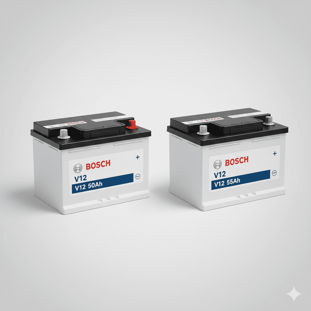 “Bosch V12 50Ah and 55Ah car batteries front and top view – high-performance automotive batteries for cars and vehicles.”