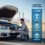 High-resolution 8K image of a car battery being checked by a technician under Dubai sun, showing battery health meter, infographic-style timeline, and icons representing extreme heat, fast charging, and maintenance tips.