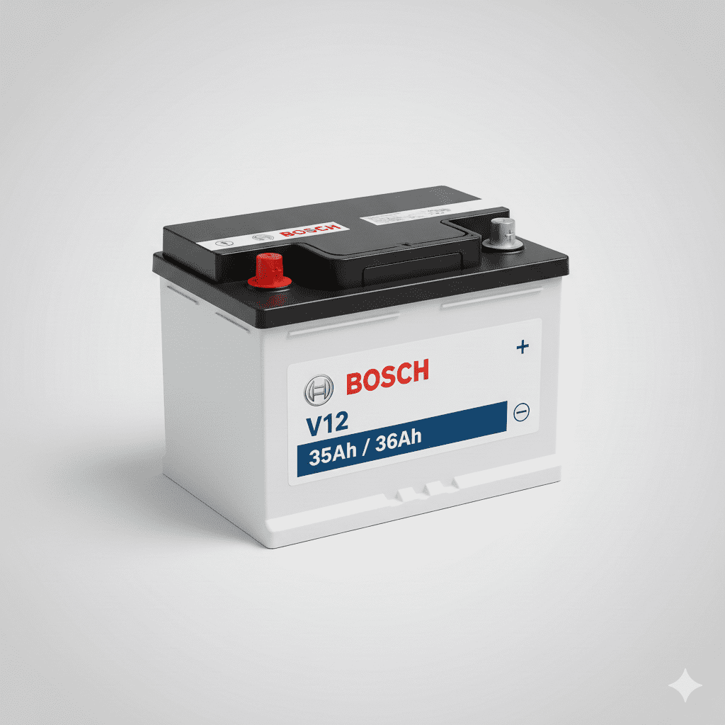Bosch V12 35Ah / 36Ah car battery with visible label and terminals, isolated on white background.