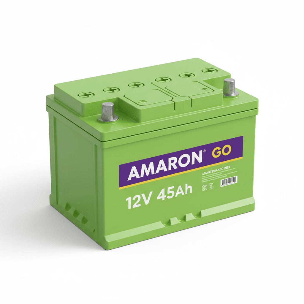 “Amaron Battery 12V 45Ah green automotive battery front-angle still view.”