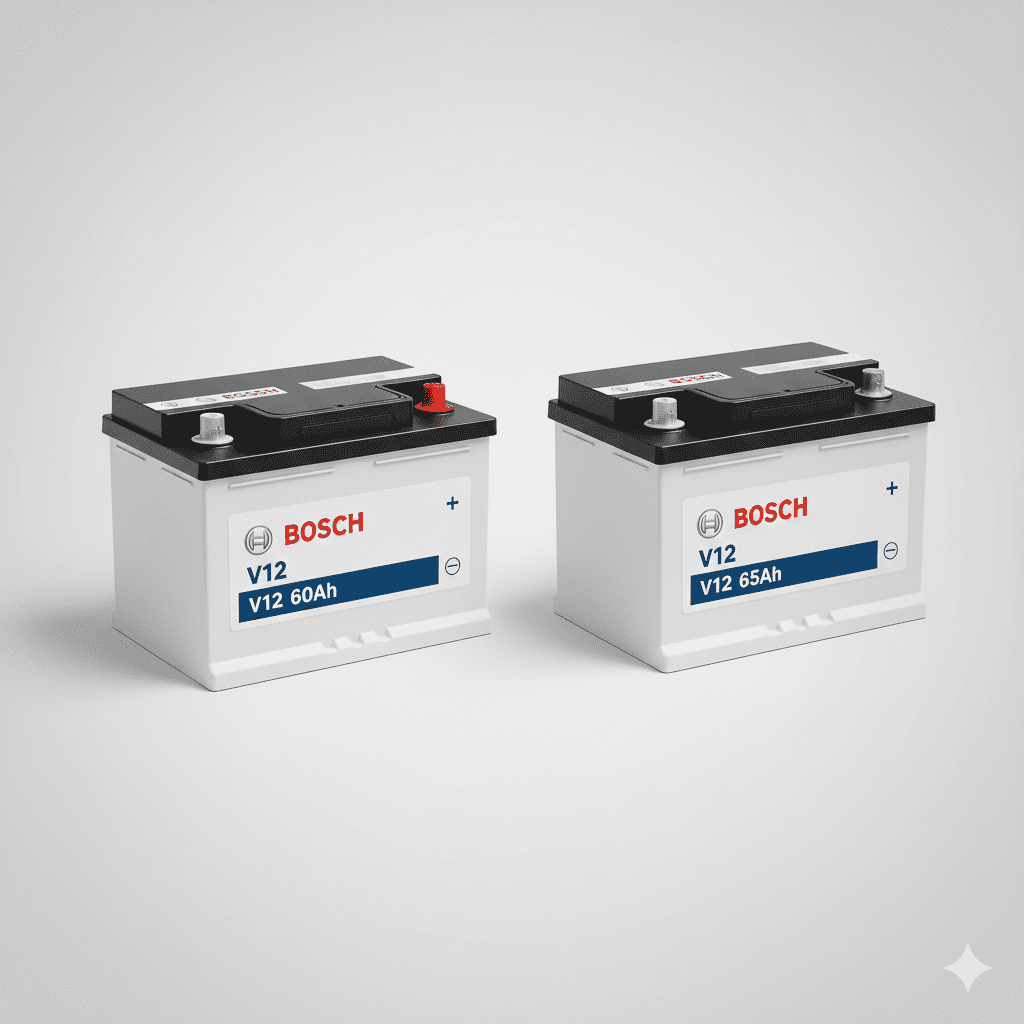 “Bosch V12 60Ah and 65Ah car batteries front and top view – high-performance automotive batteries for cars and vehicles.”