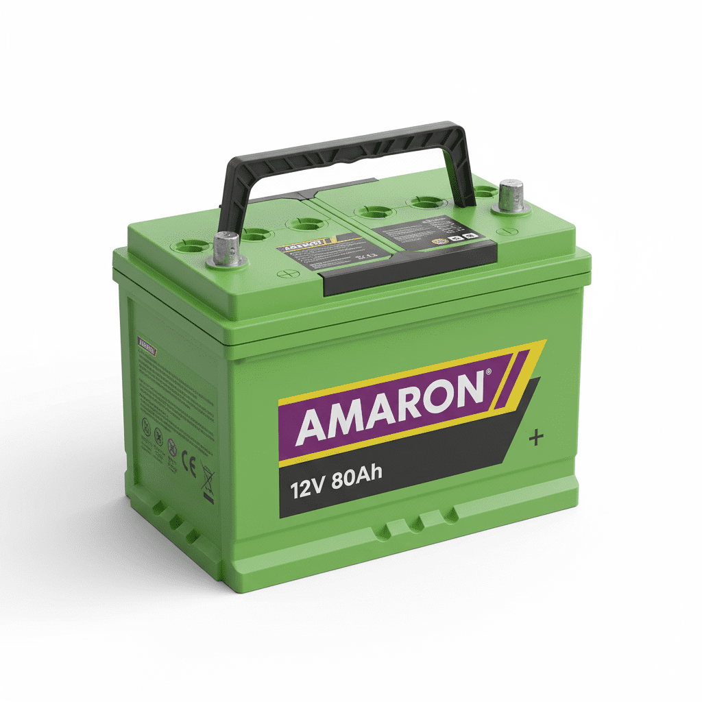 “Amaron Battery 12V 80Ah heavy-duty green automotive battery with visible specification labels.”