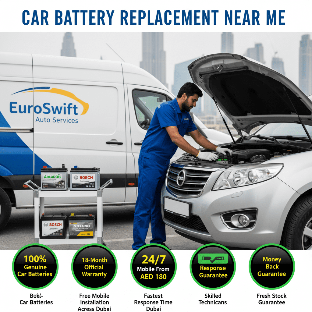 Why Choose EuroSwift for Car Battery Replacement Near Me in Dubai EuroSwift Auto Services technician providing fast mobile car battery replacement near me in Dubai with genuine Amaron, Bosch, and Tuflong batteries.