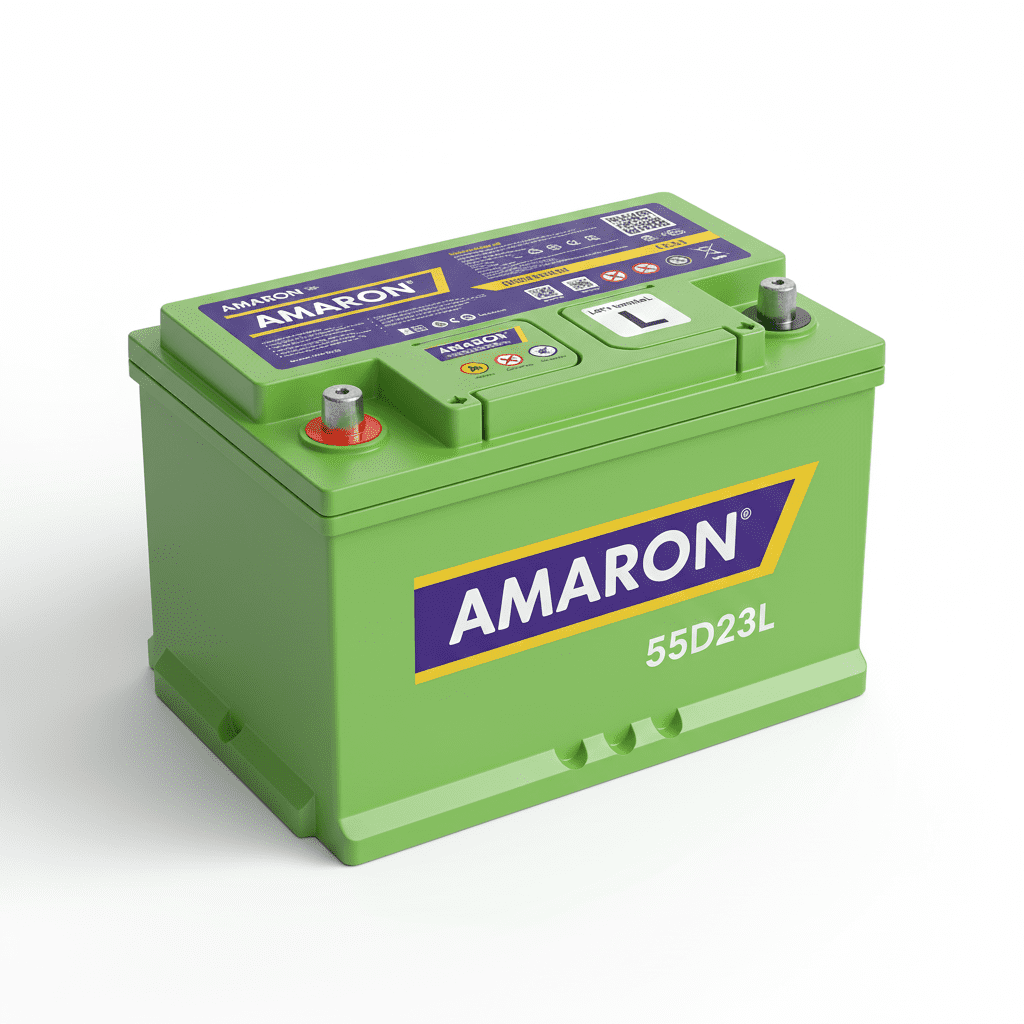 “Amaron 55D23L 12V automotive battery green casing with visible specification labels.”