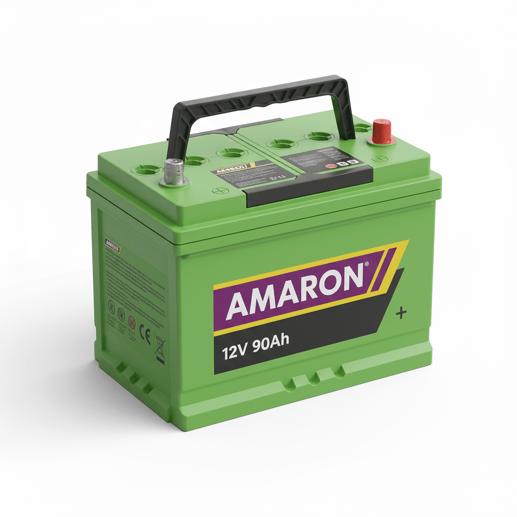 “Amaron Battery 12V 90Ah green heavy-duty automotive battery with clear specification labels.”