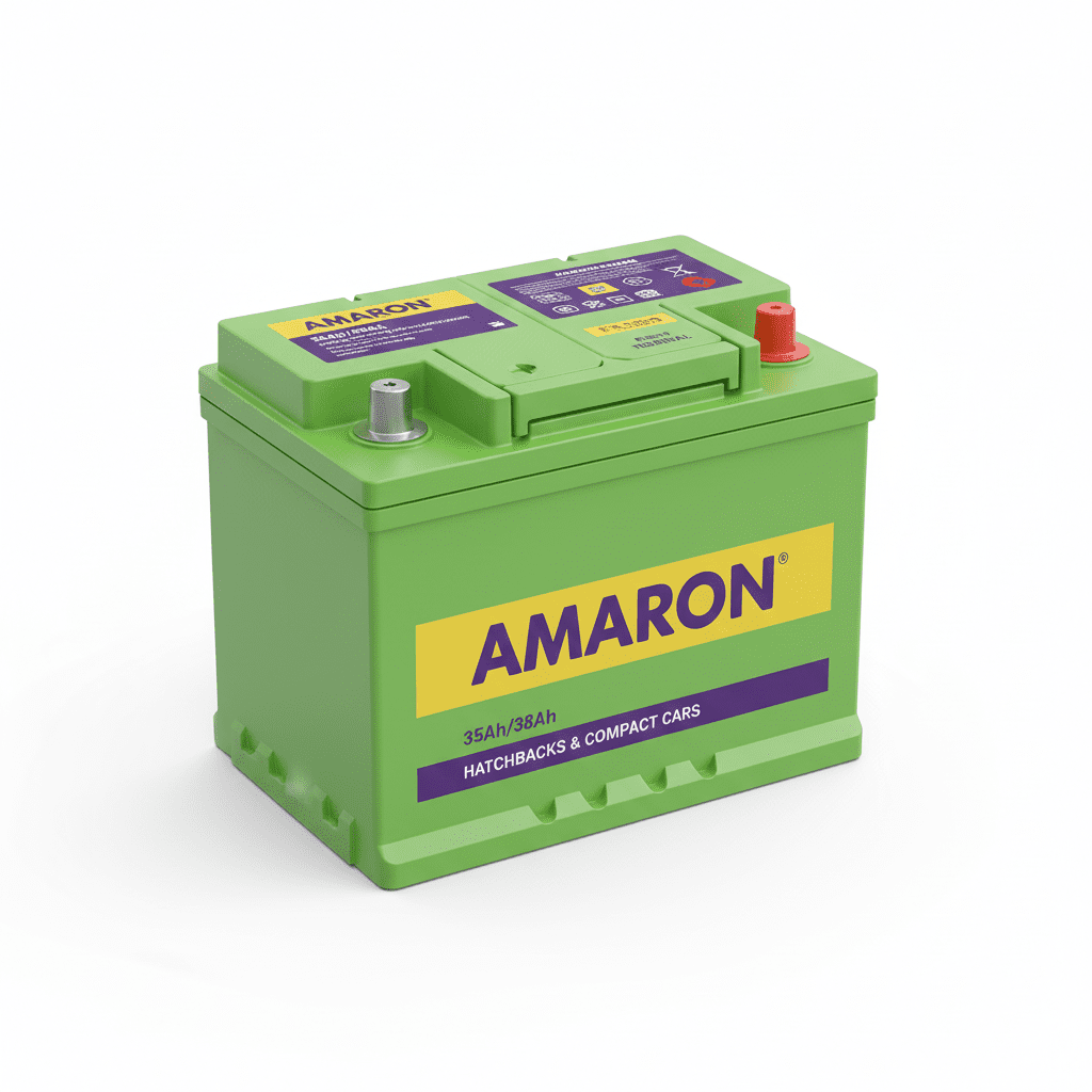 “Amaron AAM-HU-42B20R 35Ah/38Ah green automotive battery with right-terminal orientation and visible specification labels.”