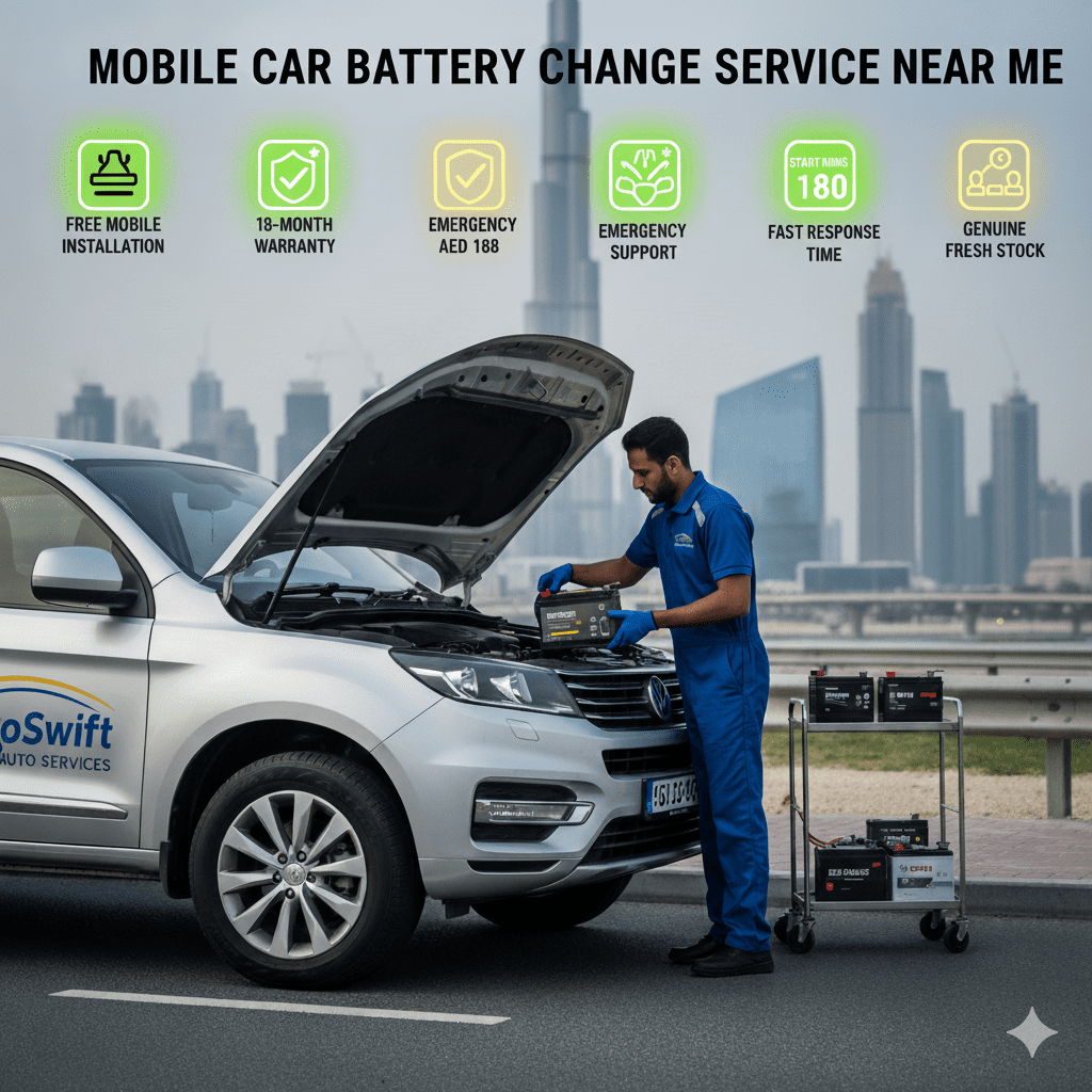 Mobile Car Battery Change Service Near Me – EuroSwift Auto Services Dubai EuroSwift Auto Services delivering mobile car battery change service near me in Dubai with genuine premium batteries and professional on-site installation.