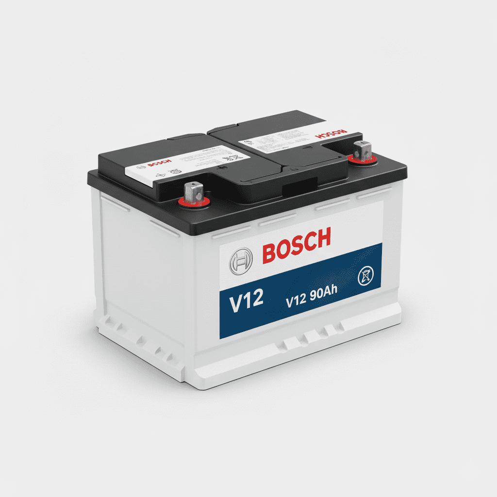 “Bosch V12 90Ah car battery front and top view – high-performance automotive battery for cars and vehicles.”