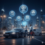 High-resolution 8K image of a stranded car with a driver calling for help, technician arriving with toolbox and portable battery, featuring shiny, clear icons for 24/7 support, fast response, and roadside assistance.