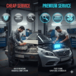 High-resolution 8K image comparing cheap and premium car battery services, technician inspecting battery, glowing icons showing warranty, diagnostics, and installation.