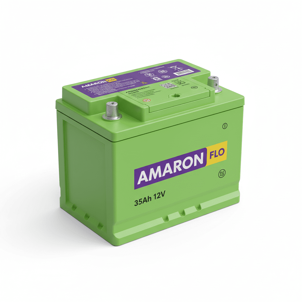 “Amaron AAM-FL-00042B20L 35Ah 12V compact green automotive battery with visible specifications.”